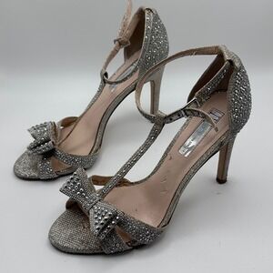 INC International Concepts Womens Silver Rhinestone Bow T-Strap Heels